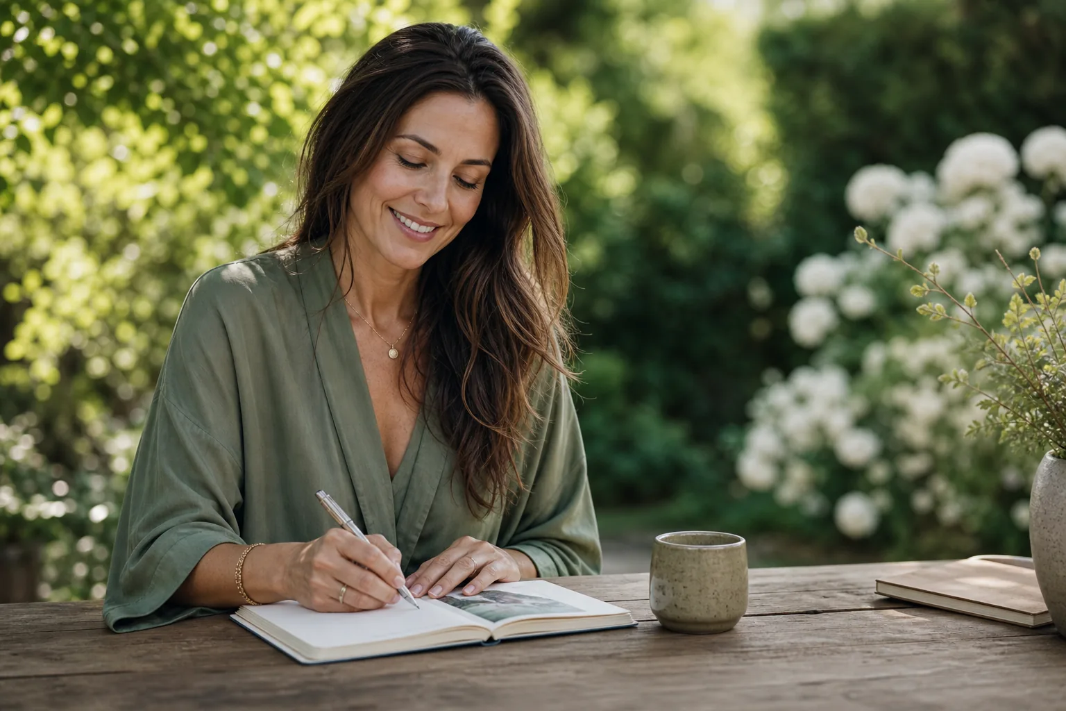 Cliente confiante écrivant dans un carnet sur une table en bois, entourée de nature après une séance de coaching.